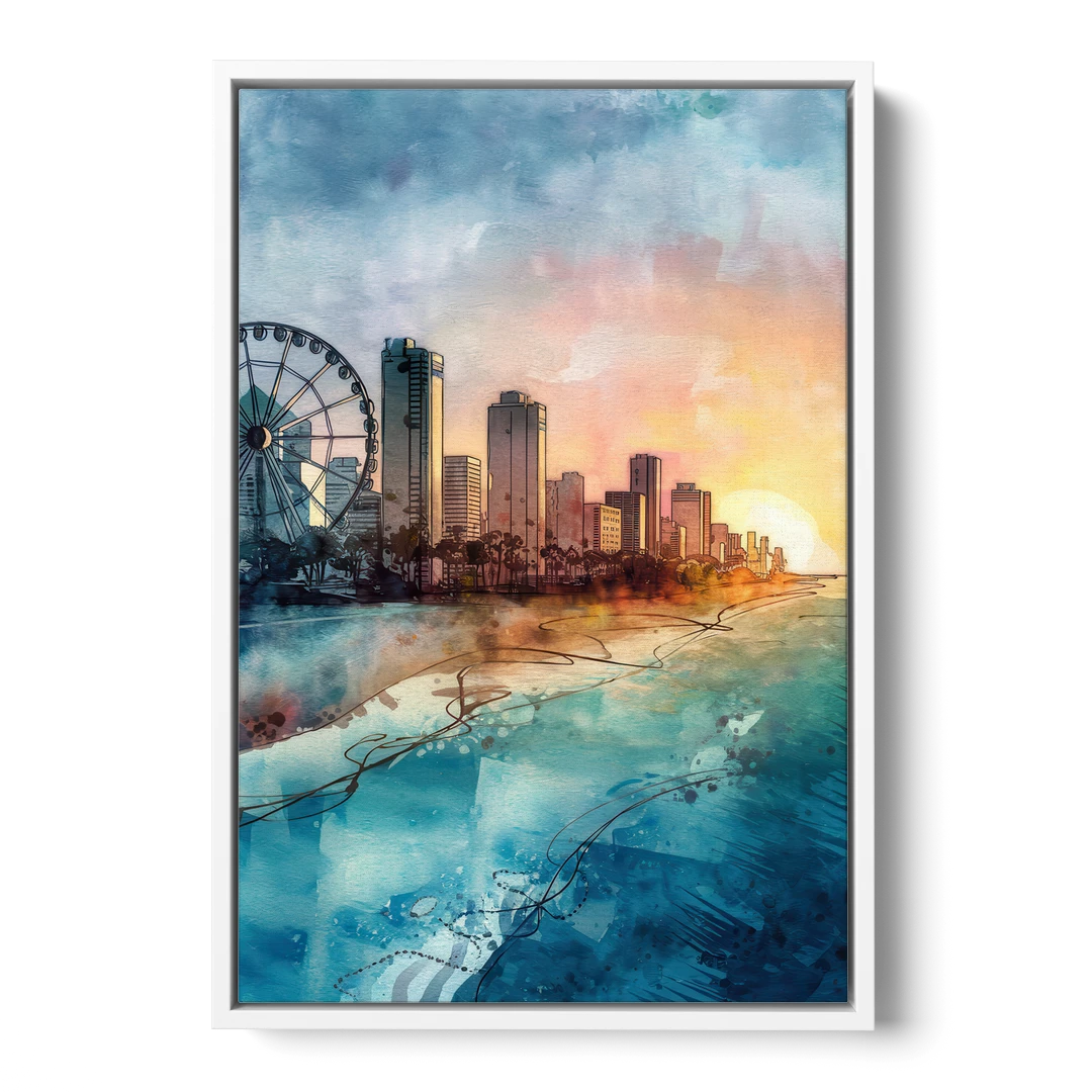 Myrtle Beach Coastal Skyline - White Framed Canvas Wall Art - Front