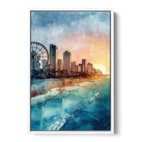 Myrtle Beach Coastal Skyline - White Framed Canvas Wall Art - Front