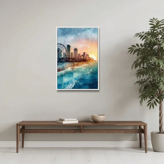 Myrtle Beach Coastal Skyline - White Framed Canvas Wall Art - Coffee Table - 24x36