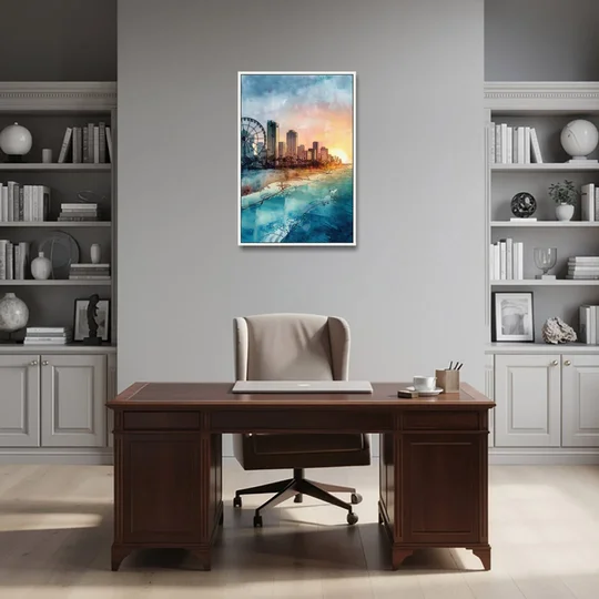 Myrtle Beach Coastal Skyline - White Framed Canvas Wall Art - Office - 24x36