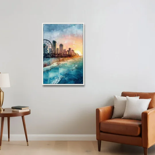 Myrtle Beach Coastal Skyline - White Framed Canvas Wall Art - Sofa - 24x36