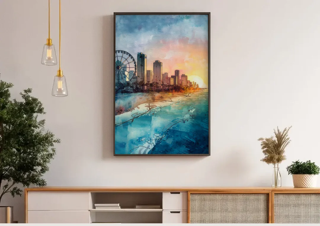 Myrtle Beach Coastal Skyline canvas wall art above a wooden sideboard under pendant lights