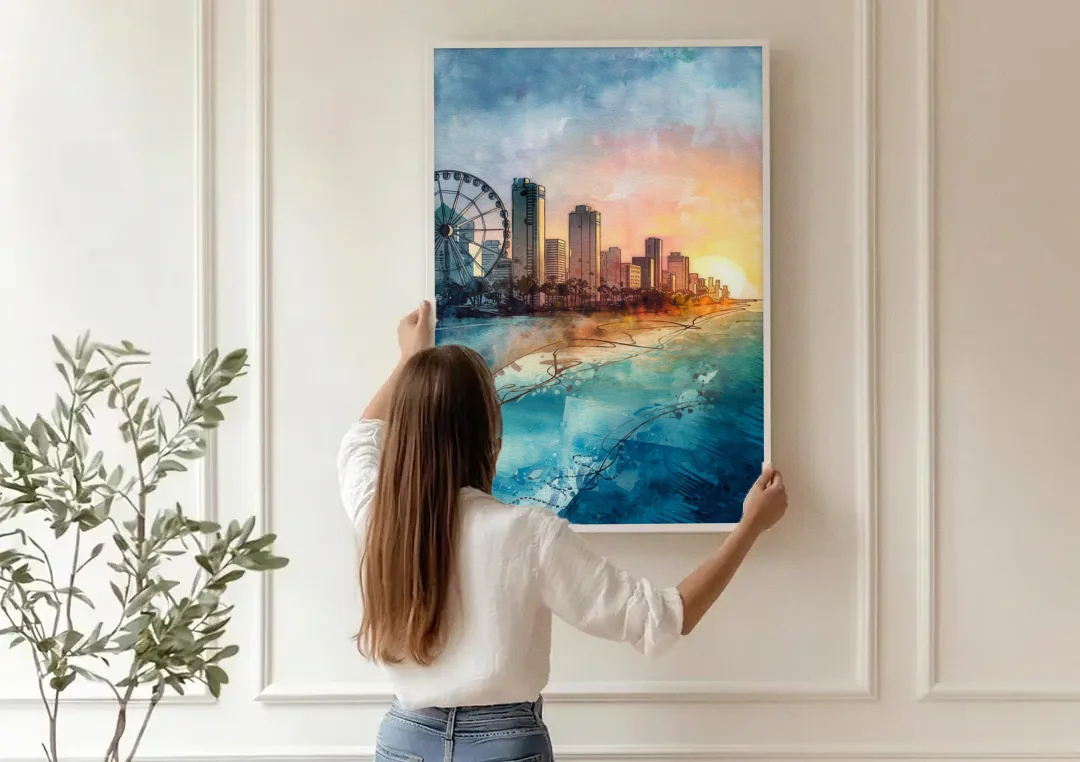 Myrtle Beach Coastal Skyline canvas wall art being hung on a paneled wall