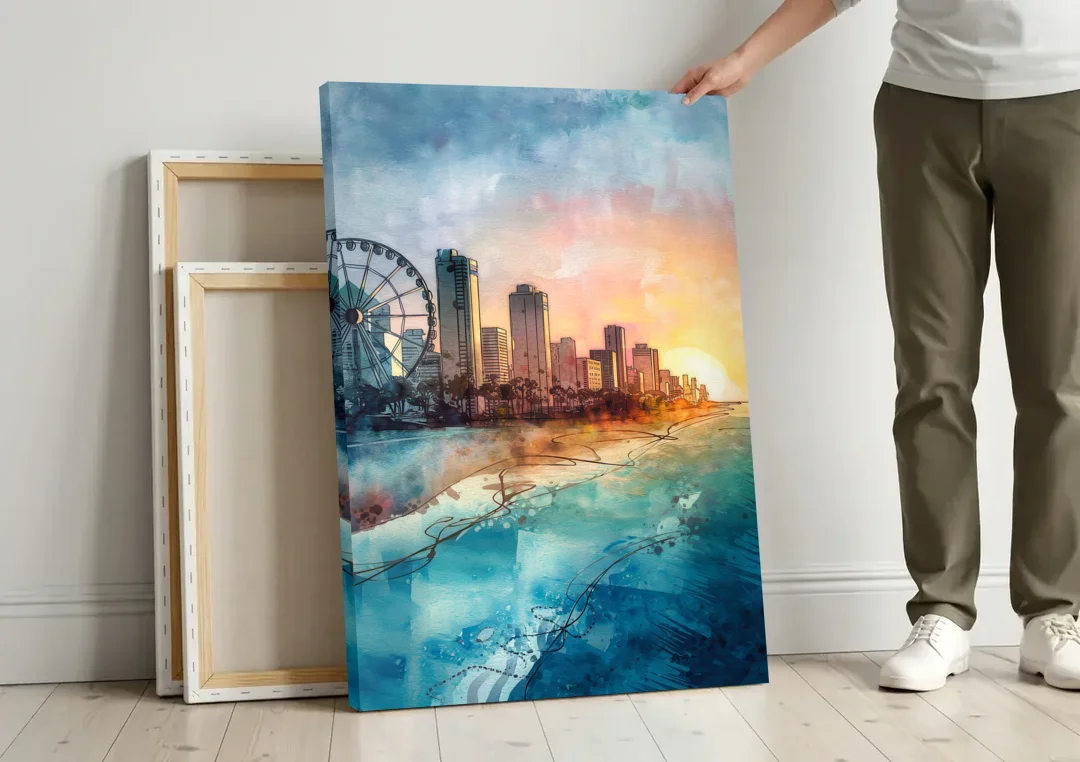 Myrtle Beach Coastal Skyline canvas wall art leaning against a wall next to blank canvases