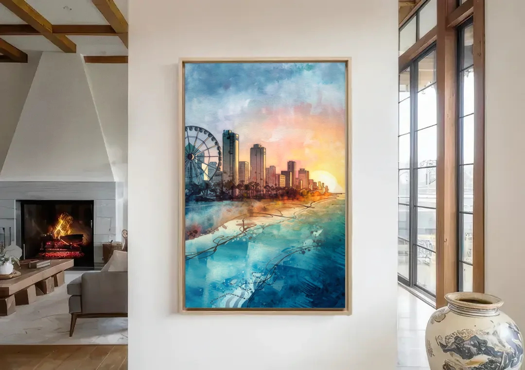 Myrtle Beach Coastal Skyline canvas wall art in a living room with a fireplace