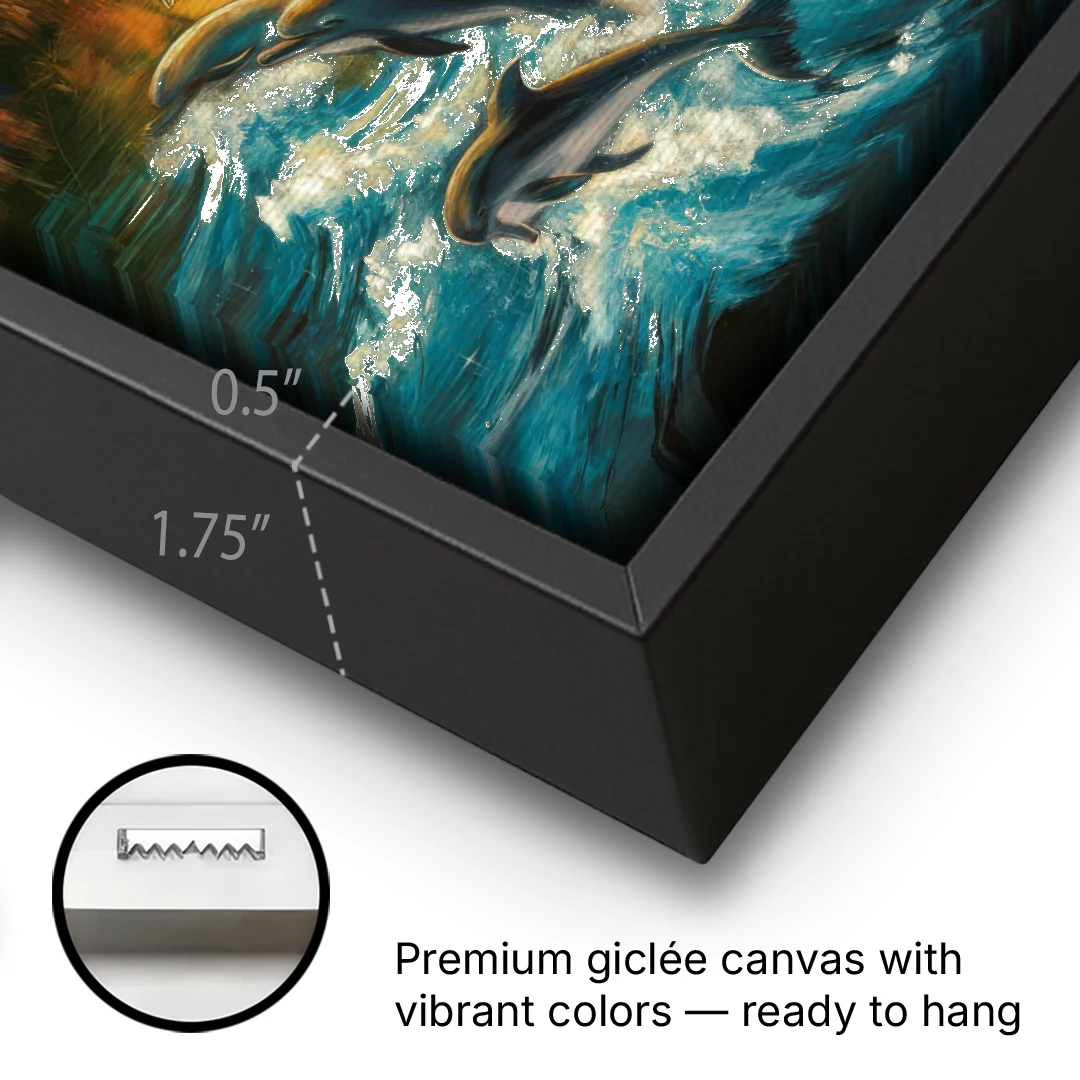 Myrtle Beach Dolphin Horizon - Black Framed Canvas Wall Art - Gallery Wrap Corner