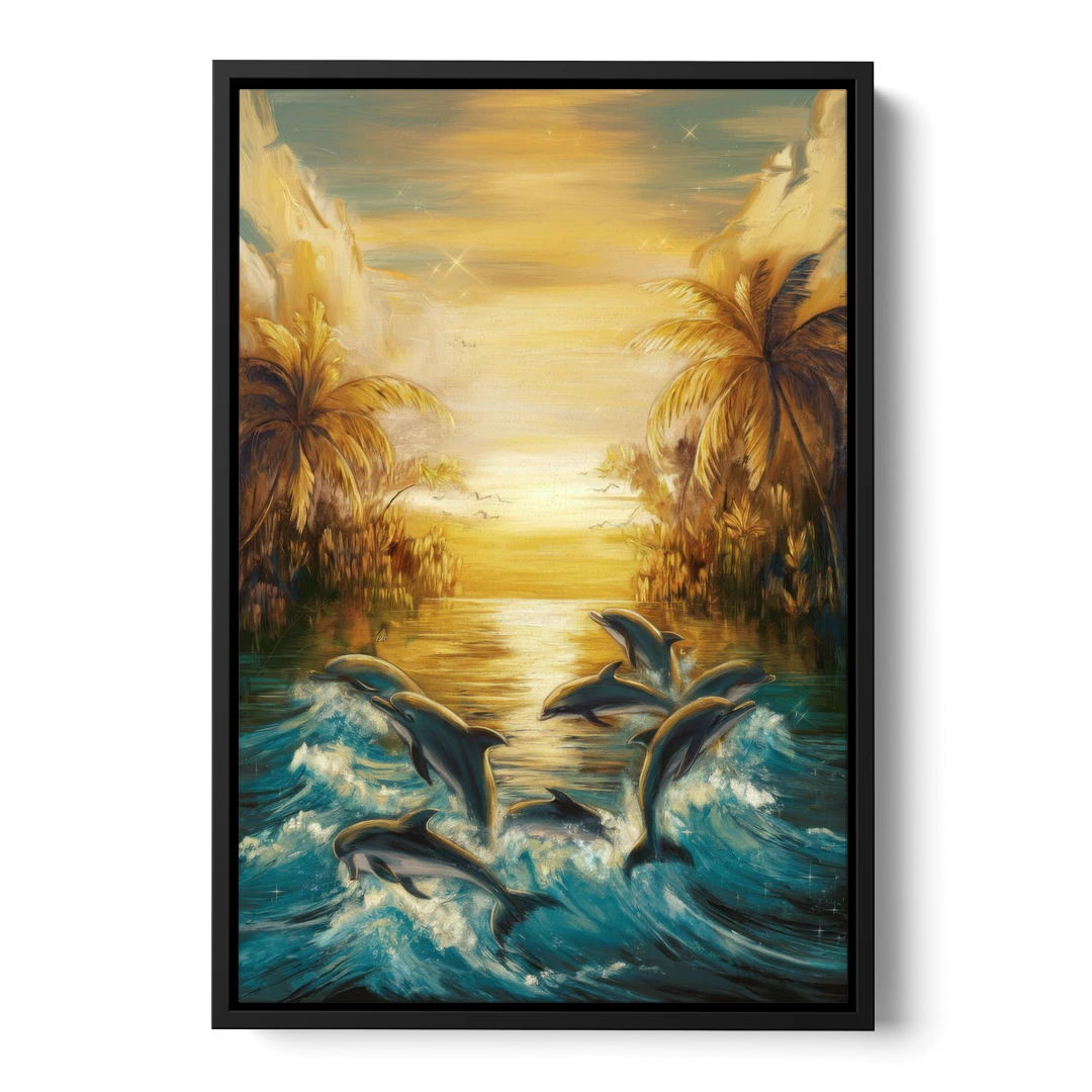 Myrtle Beach Dolphin Horizon - Black Framed Canvas Wall Art - Front