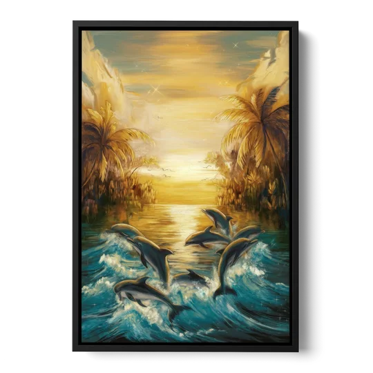 Myrtle Beach Dolphin Horizon - Black Framed Canvas Wall Art - Front