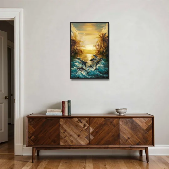 Myrtle Beach Dolphin Horizon - Black Framed Canvas Wall Art - Coffee Table - 24x36