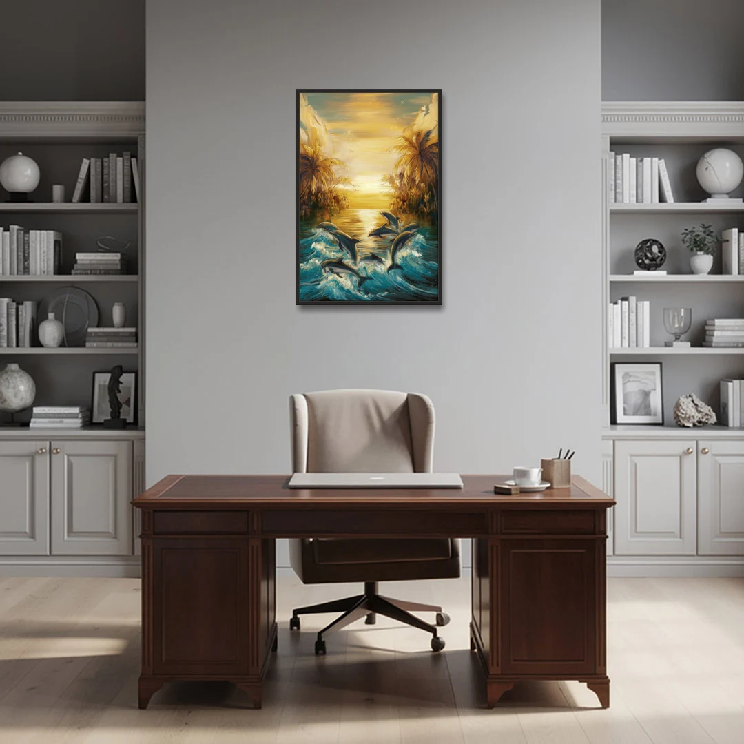 Myrtle Beach Dolphin Horizon - Black Framed Canvas Wall Art - Office - 24x36