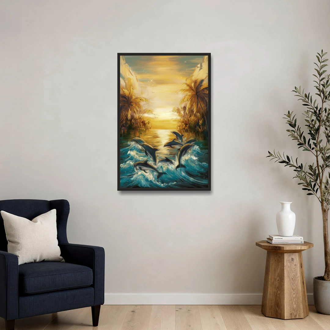 Myrtle Beach Dolphin Horizon - Black Framed Canvas Wall Art - Sofa - 24x36