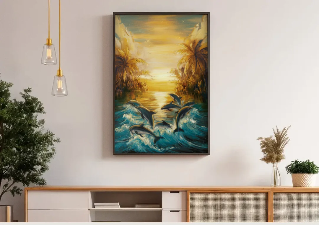 Myrtle Beach Dolphin Horizon canvas wall art above a wooden sideboard under pendant lights