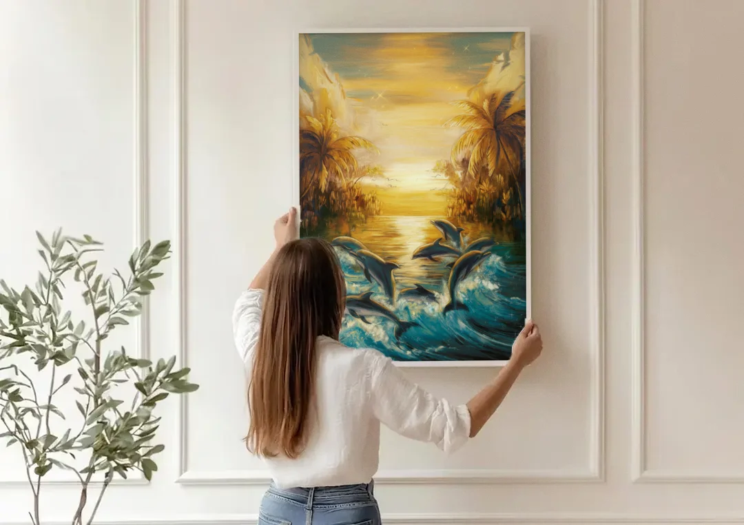 Myrtle Beach Dolphin Horizon canvas wall art being hung on a paneled wall