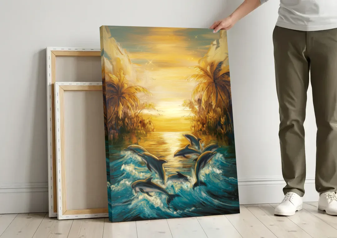 Myrtle Beach Dolphin Horizon canvas wall art leaning against a wall next to blank canvases