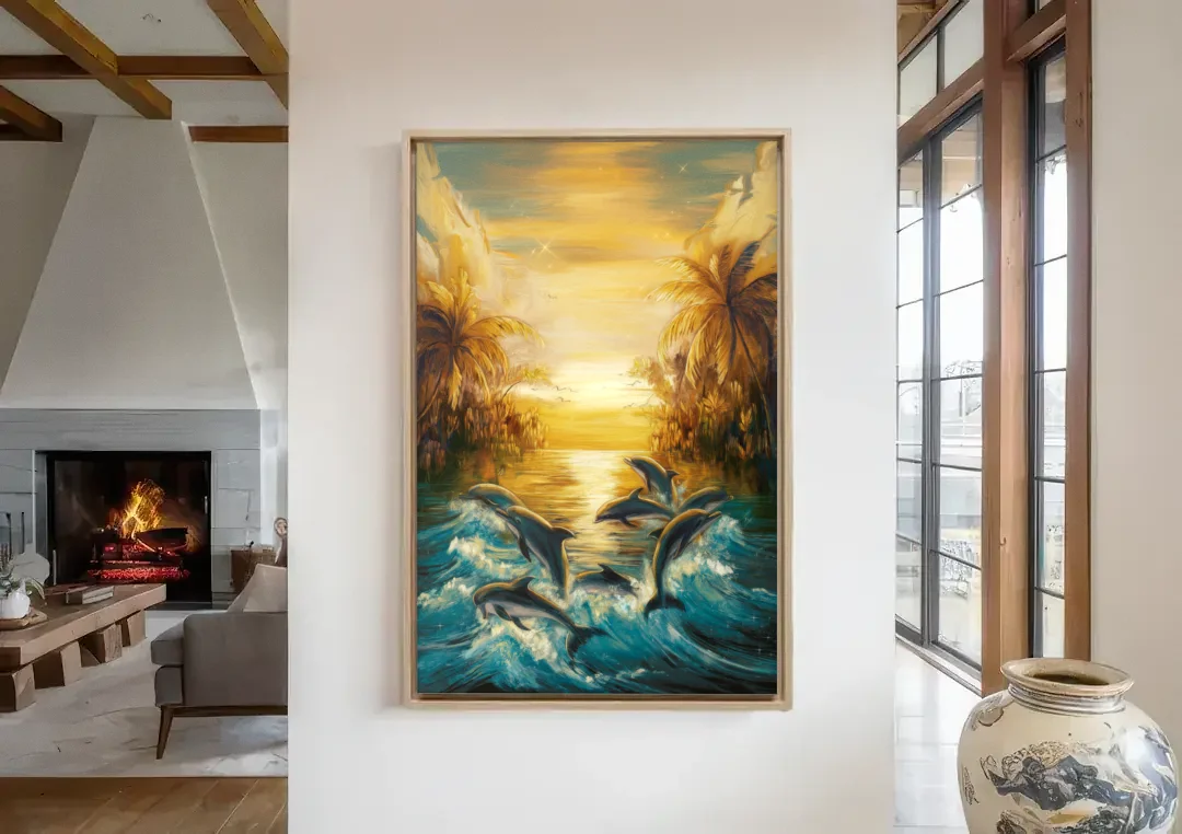 Myrtle Beach Dolphin Horizon canvas wall art in a living room with a fireplace