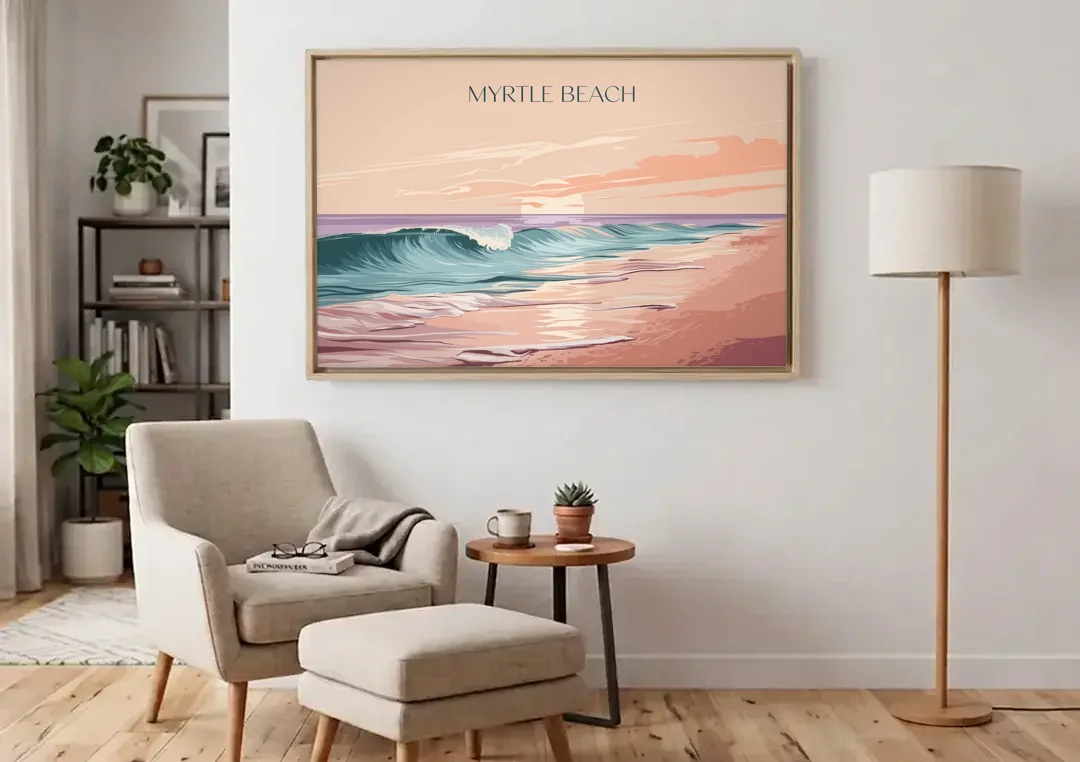 Myrtle Beach Ocean Sunrise canvas wall art above an armchair in a bright living room