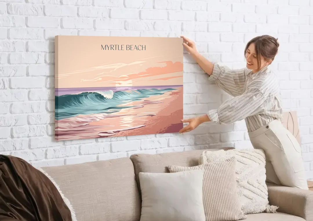 Myrtle Beach Ocean Sunrise canvas wall art being hung on a white brick wall above a sofa