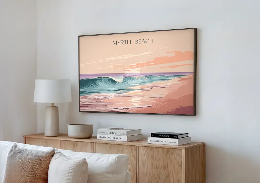 Myrtle Beach Ocean Sunrise canvas wall art above a wooden sideboard next to a sofa