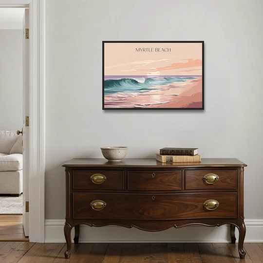 Myrtle Beach Ocean Sunrise - Black Framed Canvas Wall Art - Coffee Table - 36x24