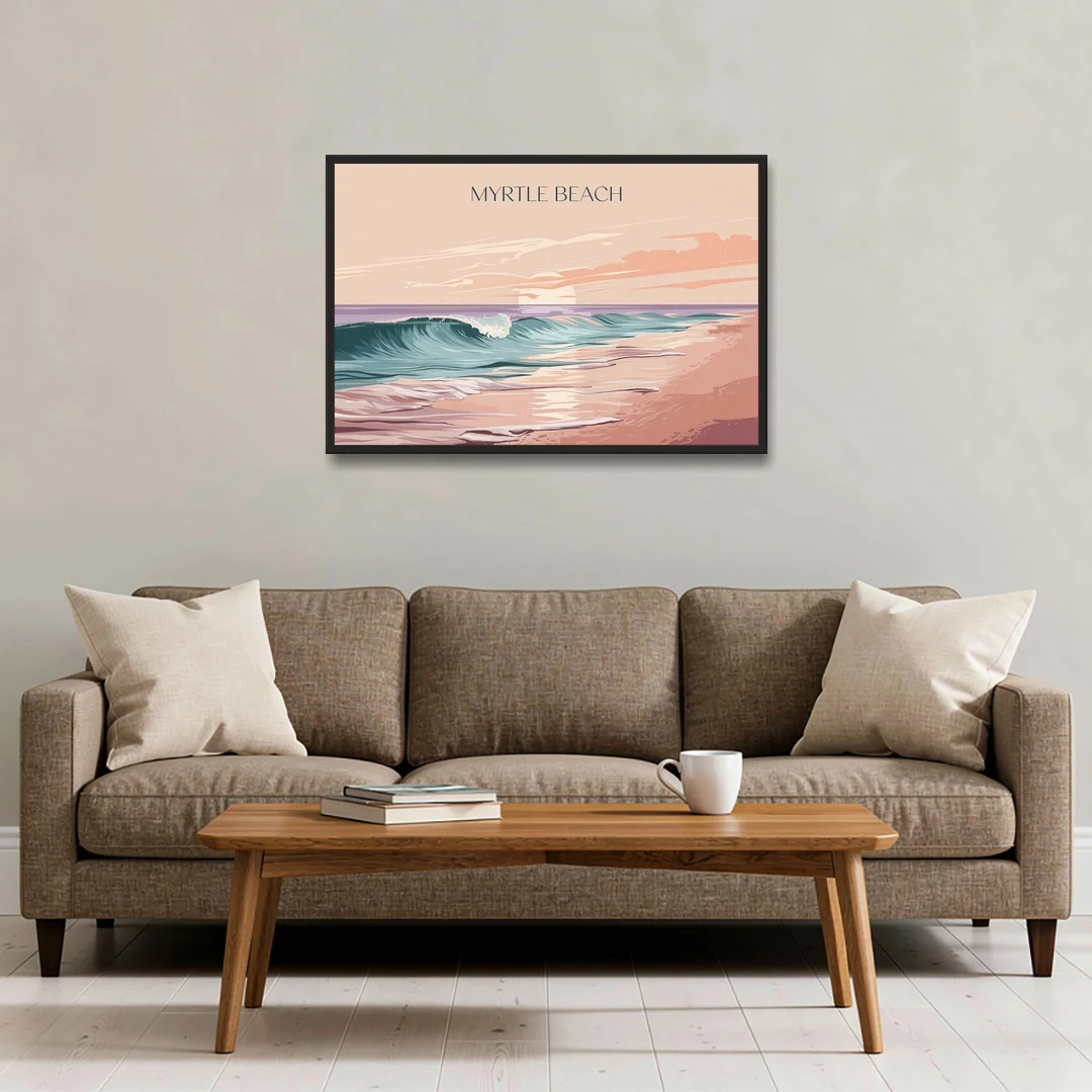 Myrtle Beach Ocean Sunrise - Black Framed Canvas Wall Art - Sofa - 36x24