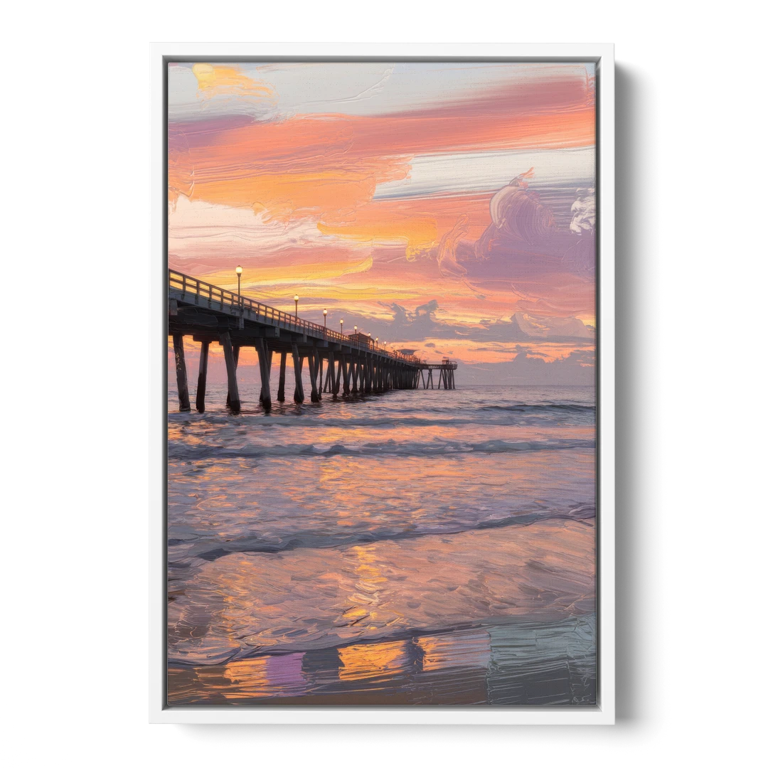 Myrtle Beach Pier at Sunset - White Framed Canvas Wall Art - Front