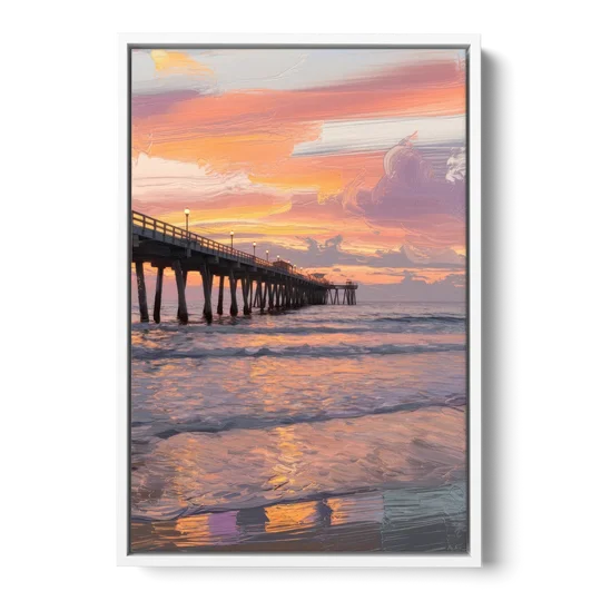 Myrtle Beach Pier at Sunset - White Framed Canvas Wall Art - Front