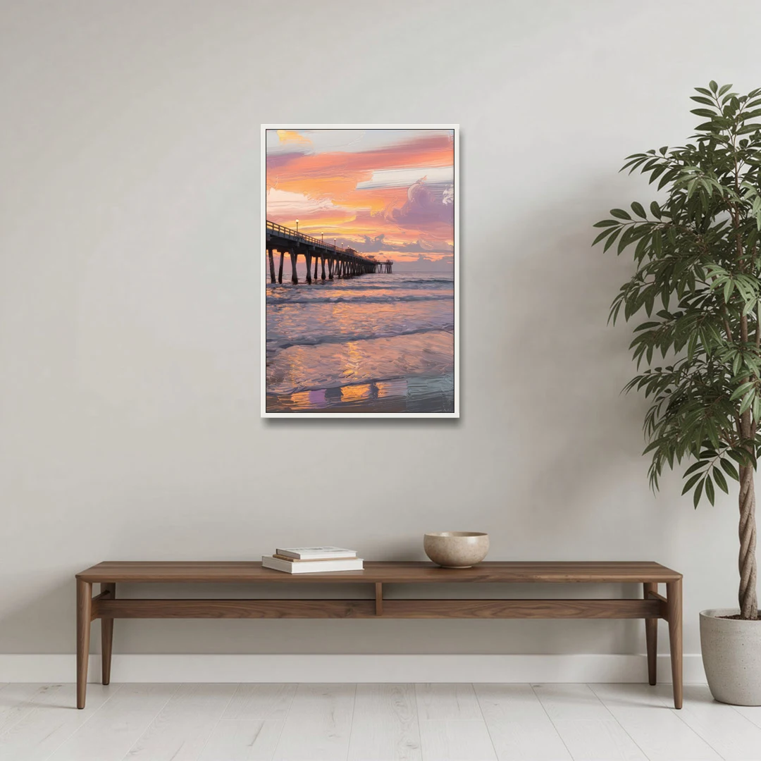 Myrtle Beach Pier at Sunset - White Framed Canvas Wall Art - Coffee Table - 24x36