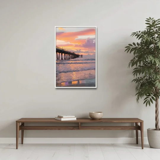 Myrtle Beach Pier at Sunset - White Framed Canvas Wall Art - Coffee Table - 24x36