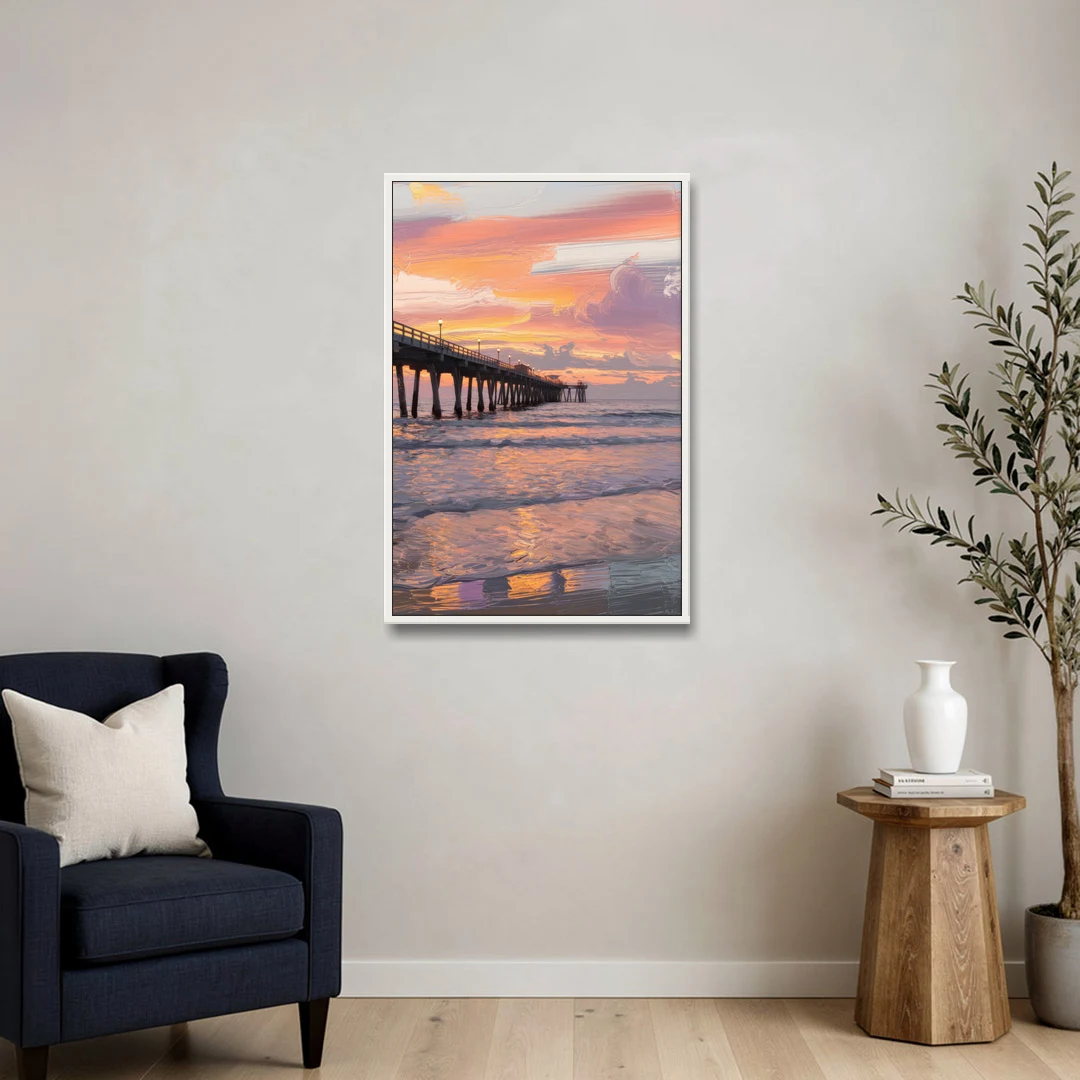 Myrtle Beach Pier at Sunset - White Framed Canvas Wall Art - Sofa - 24x36