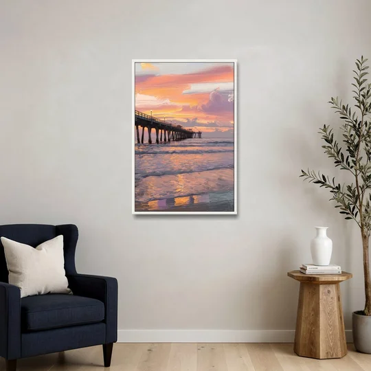 Myrtle Beach Pier at Sunset - White Framed Canvas Wall Art - Sofa - 24x36