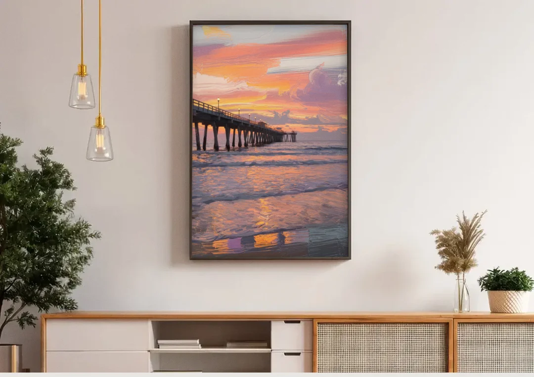 Myrtle Beach Pier at Sunset canvas wall art above a wooden sideboard under pendant lights
