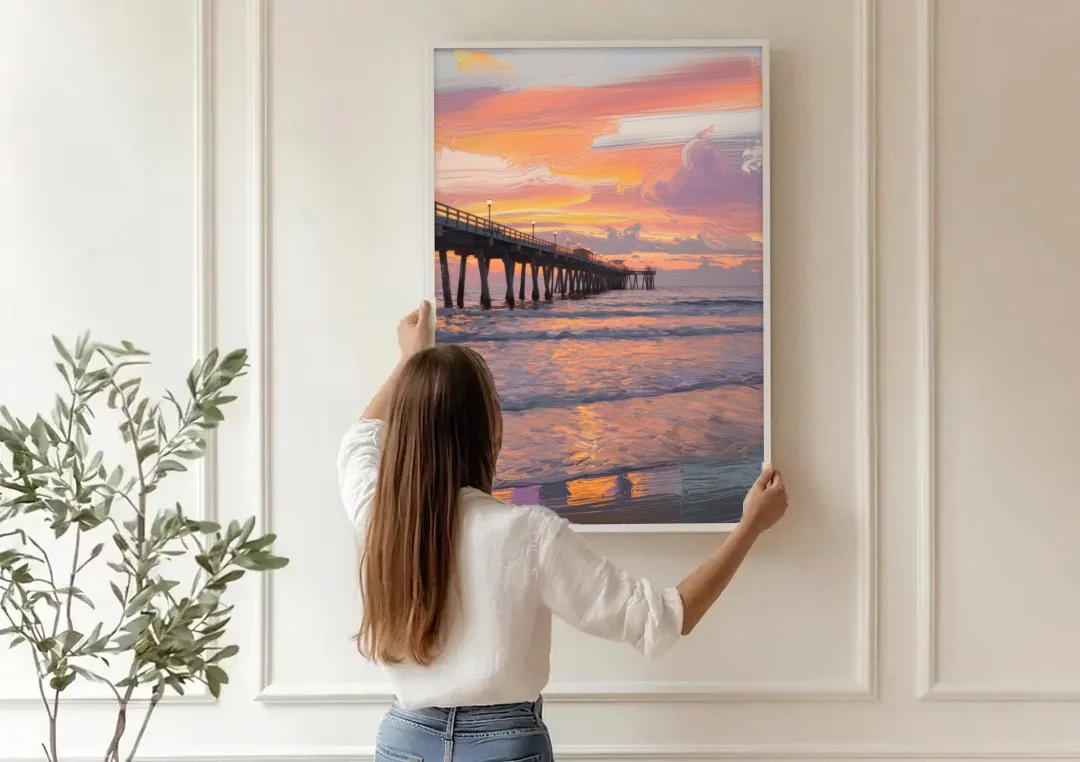 Myrtle Beach Pier at Sunset canvas wall art being hung on a paneled wall