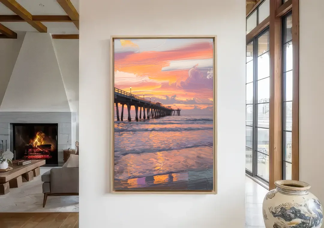 Myrtle Beach Pier at Sunset canvas wall art in a living room with a fireplace