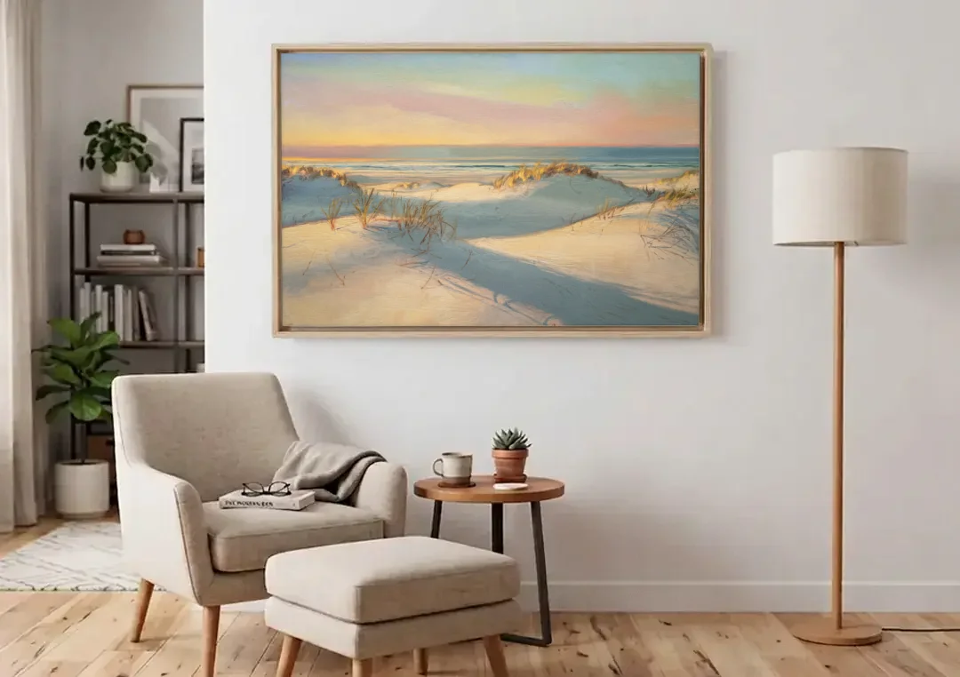 Myrtle Beach Sand Dunes Serenity canvas wall art above an armchair in a bright living room