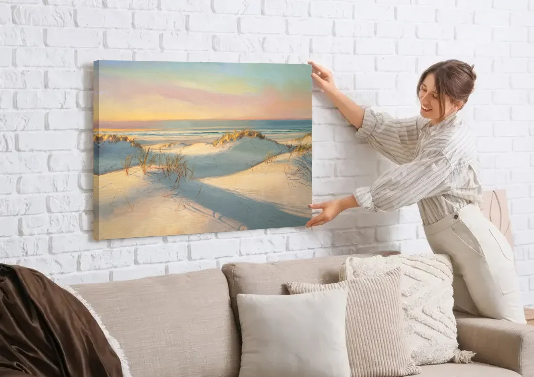Myrtle Beach Sand Dunes Serenity canvas wall art being hung on a white brick wall above a sofa
