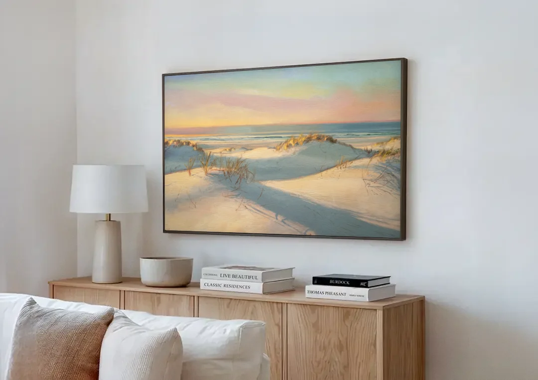 Myrtle Beach Sand Dunes Serenity canvas wall art above a wooden sideboard next to a sofa