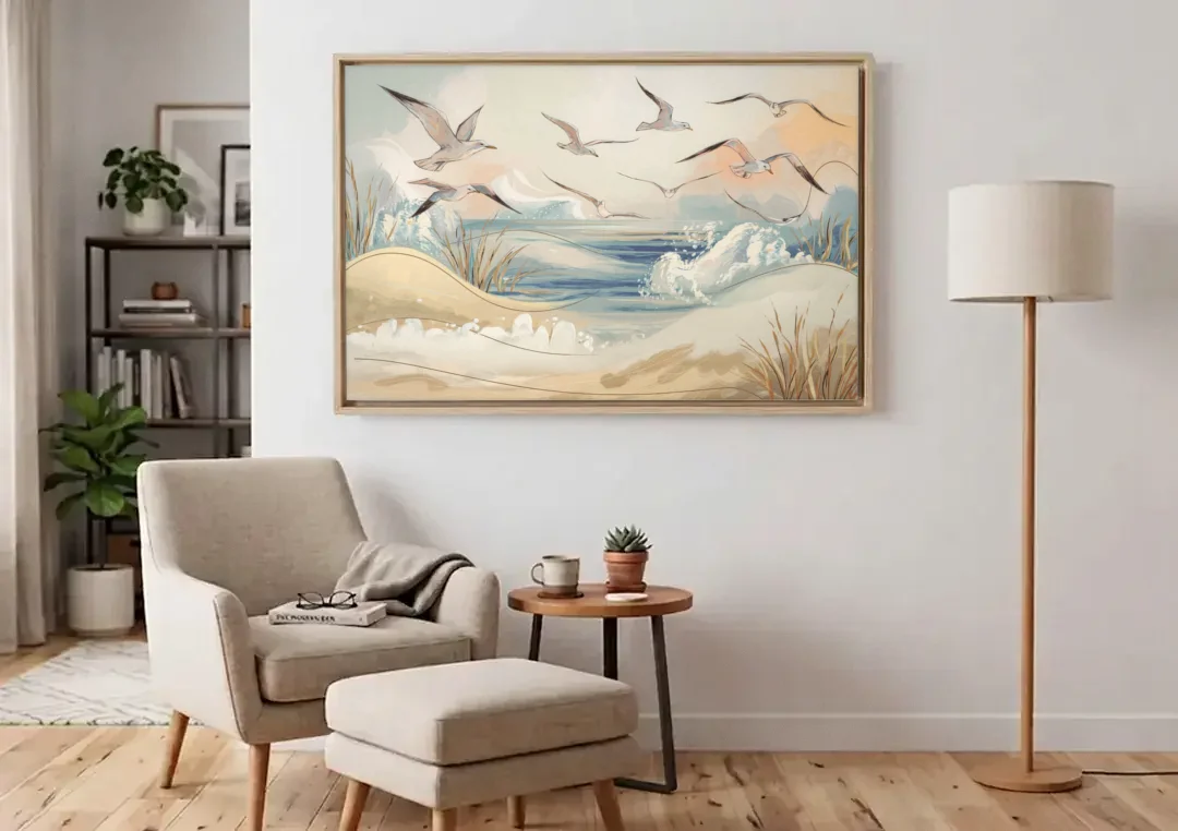 Myrtle Beach Seagulls In Flight canvas wall art above an armchair in a bright living room