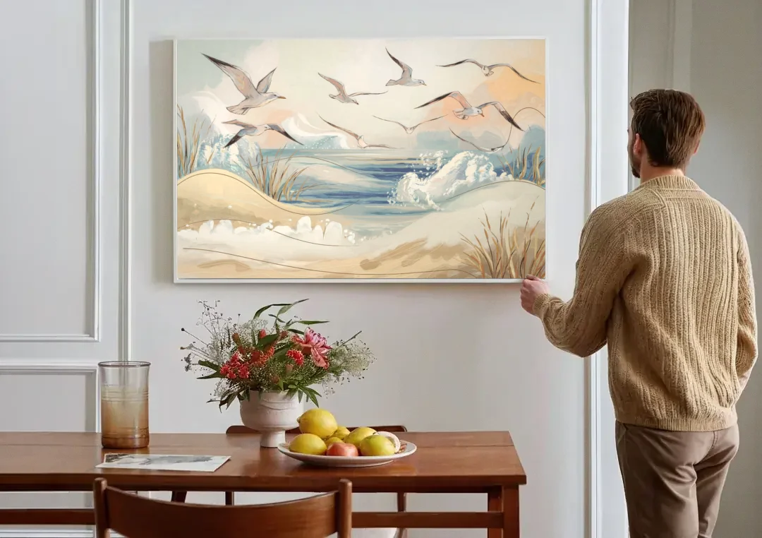Myrtle Beach Seagulls In Flight canvas wall art above a dining table