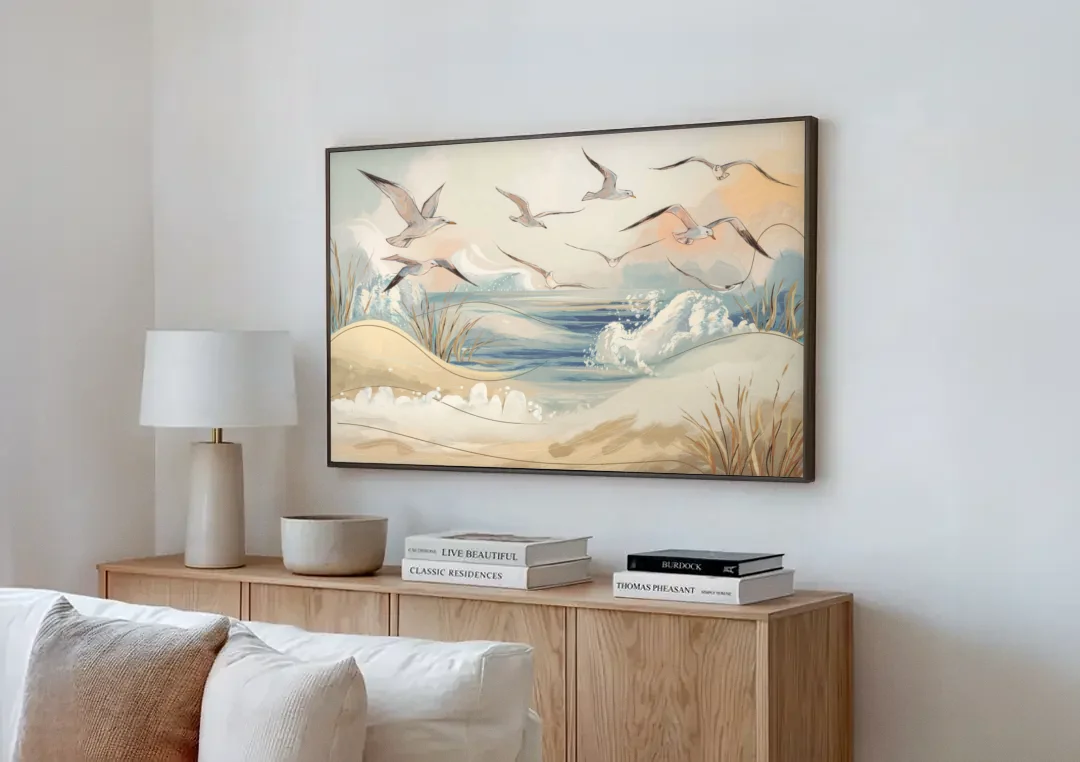 Myrtle Beach Seagulls In Flight canvas wall art above a wooden sideboard next to a sofa