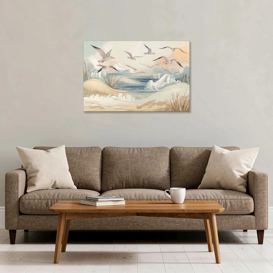 Myrtle Beach Seagulls In Flight - Canvas Wall Art - Sofa - 36x24