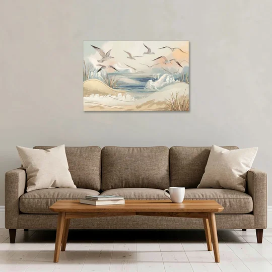 Myrtle Beach Seagulls In Flight - Canvas Wall Art - Sofa - 36x24