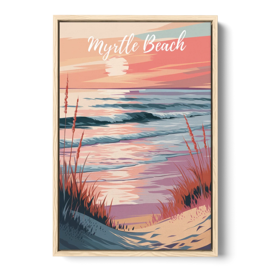 Myrtle Beach Sunset Reflections - Oak Framed Canvas Wall Art - Front