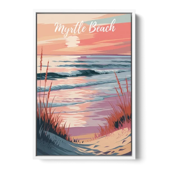 Myrtle Beach Sunset Reflections - White Framed Canvas Wall Art - Front