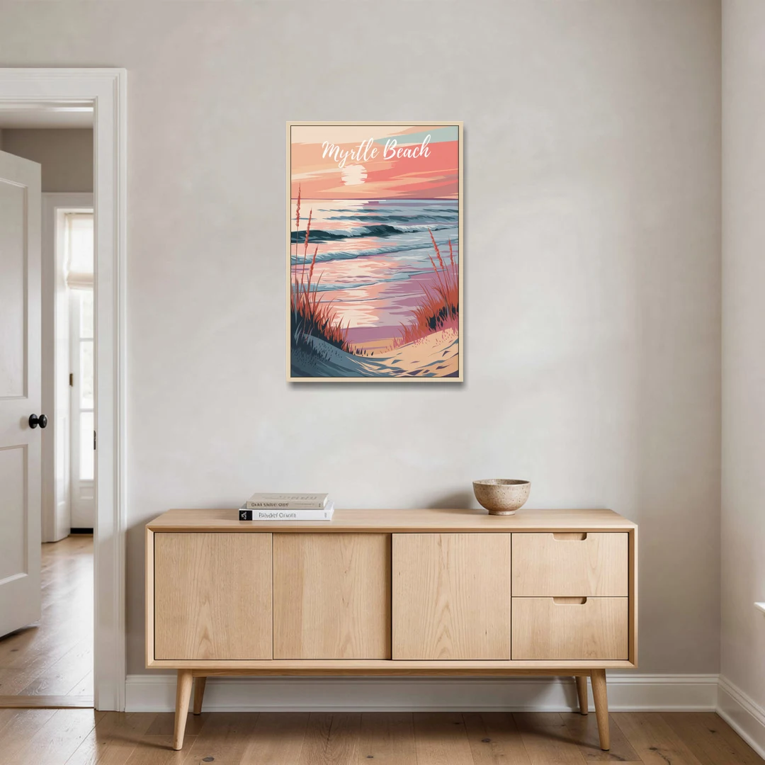 Myrtle Beach Sunset Reflections - Oak Framed Canvas Wall Art - Coffee Table - 24x36