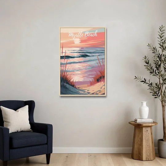 Myrtle Beach Sunset Reflections - Oak Framed Canvas Wall Art - Sofa - 24x36