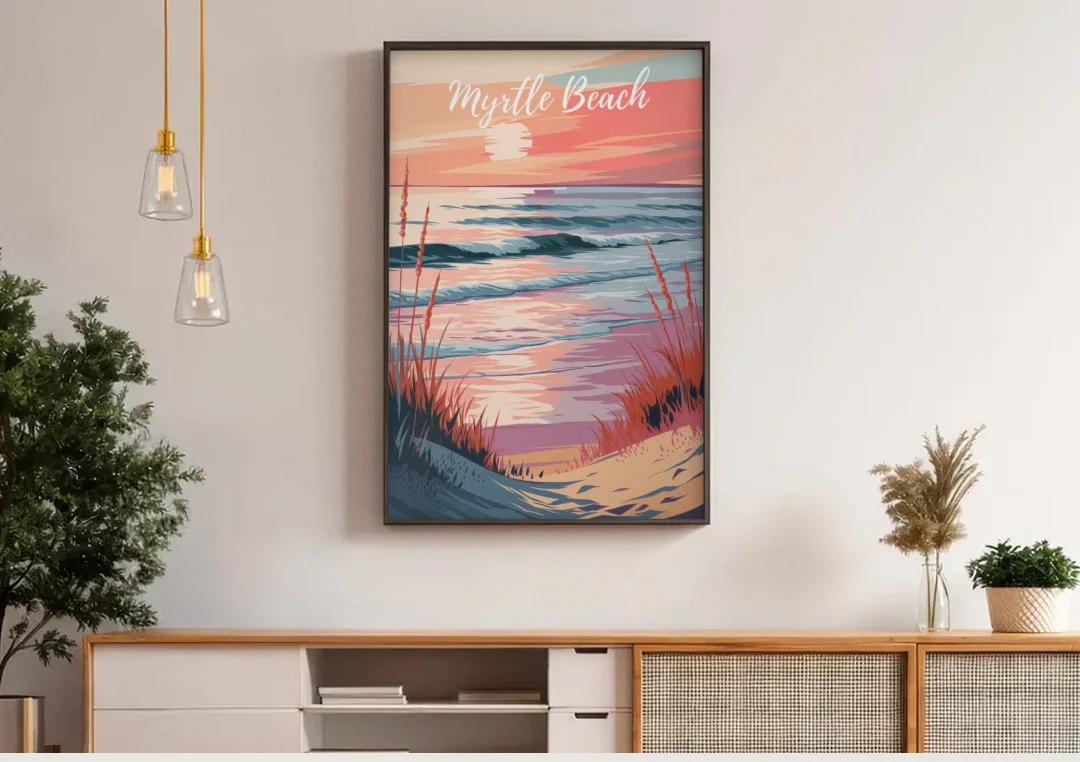 Myrtle Beach Sunset Reflections canvas wall art above a wooden sideboard under pendant lights