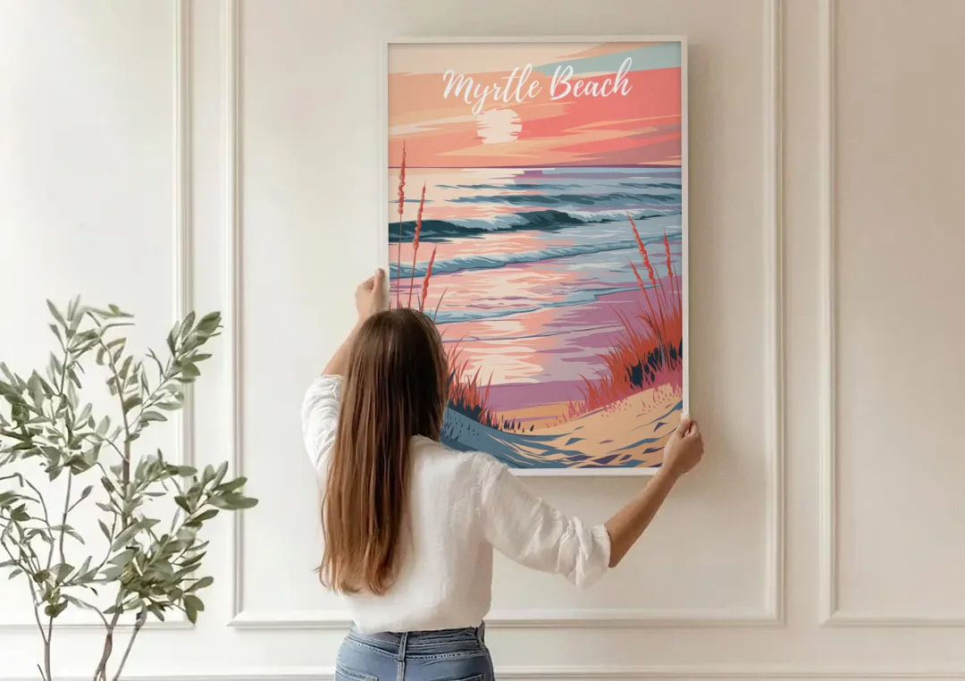 Myrtle Beach Sunset Reflections canvas wall art being hung on a paneled wall