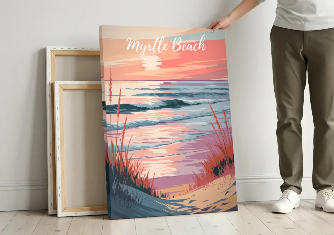 Myrtle Beach Sunset Reflections canvas wall art leaning against a wall next to blank canvases