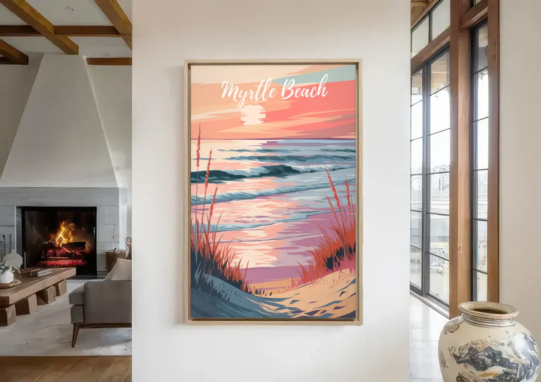 Myrtle Beach Sunset Reflections canvas wall art in a living room with a fireplace
