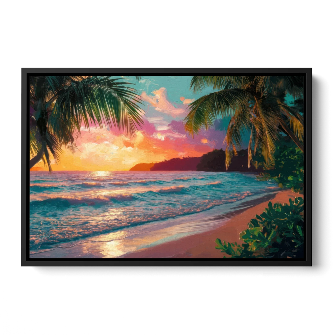 Myrtle Beach Waves And Palms - Black Framed Canvas Wall Art - Front